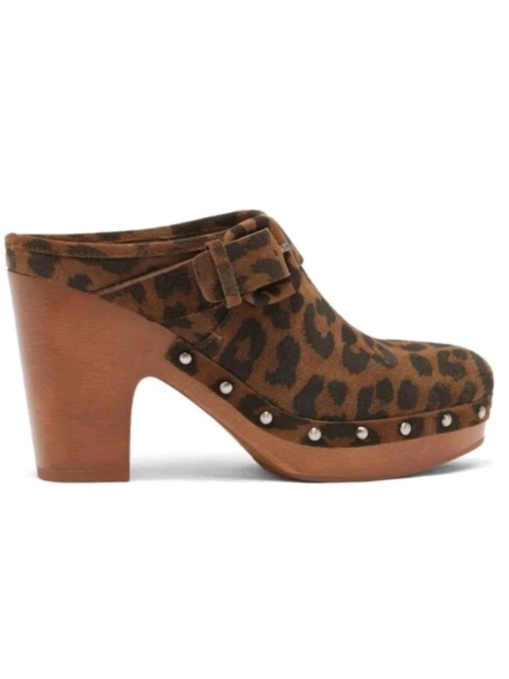 Vince Camuto Ceena Leopard Brown Black Studded Faux Wood Platform Clogs Sz 8.5